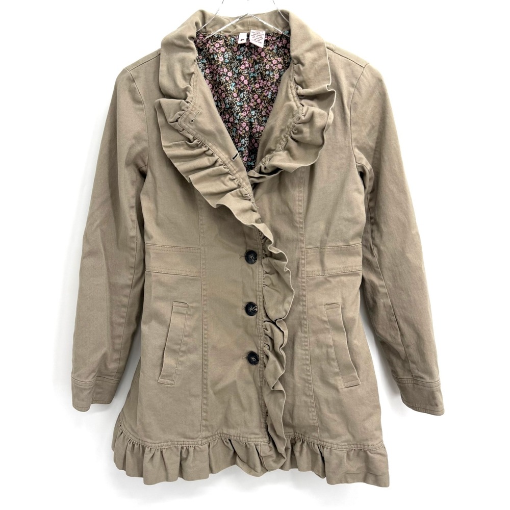 Y2K Stella Star Ruffle Trim Utility Jacket Size L Khaki Tan Trench Peacoat